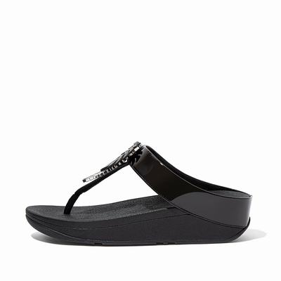 Fitflop Women's FINO Jungle Leaf Patent Toe-Post Sandals - Black, DQ1746835